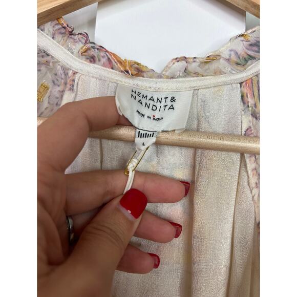 NWT Hemant and Nandita White Silver Gold Chiffon Lurex Floral Boho Midi Dress - Picture 7 of 9